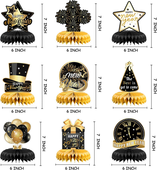9-Piece 2026 NYE Honeycomb Centerpieces – 3D New Year Party Table Decor