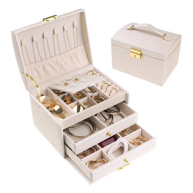 3-Layer Jewelry Box for Women, PU Leather Organizer with Drawer, 17x14x13cm