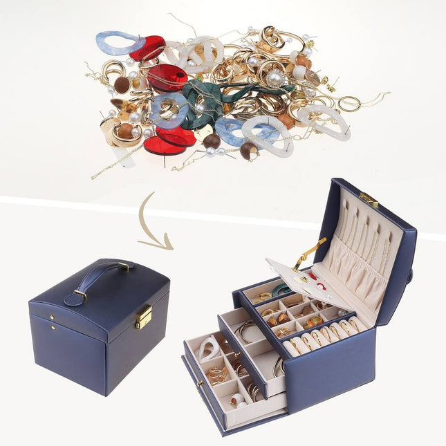 3-Layer Jewelry Box for Women PU Leather Organizer with Drawer 17x14x13cm Dark Blue