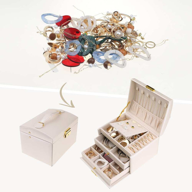 3-Layer Jewelry Box for Women, PU Leather Organizer with Drawer, 17x14x13cm