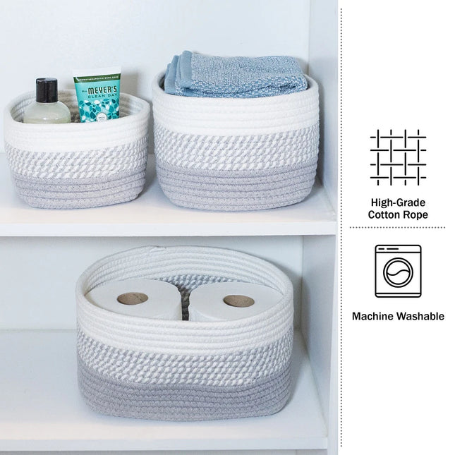 3-Piece Rope Storage Basket Set Small Medium Large Grey Home Organization