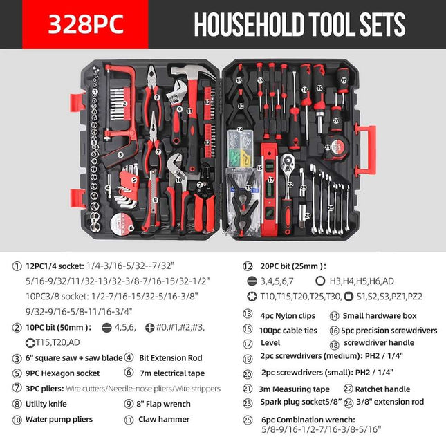 328-Piece Mechanics Tool Set with Case, 1/4" & 1/2" Drive, Wrenches & Screwdrivers