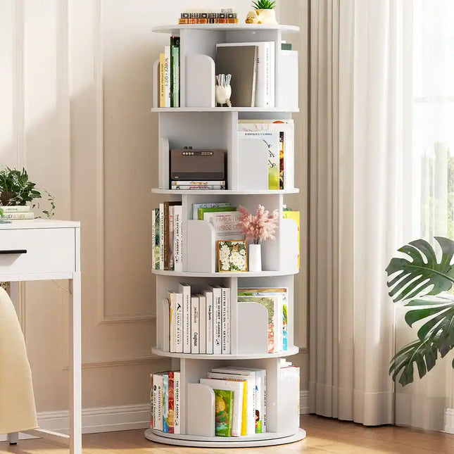 5-Tier Rotating Bookcase White Swivel Bookshelf Space-Saving Storage Organizer