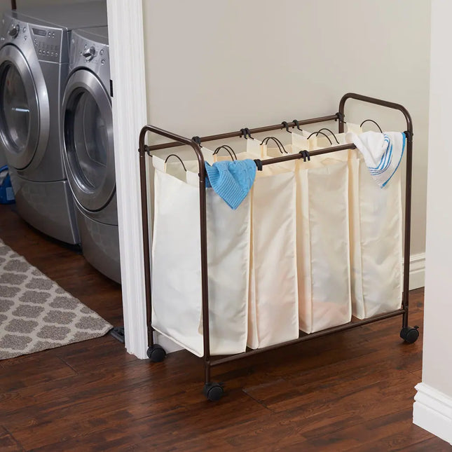 4 Bag Laundry Sorter Cart with Removable Washable Bags for Easy Organization