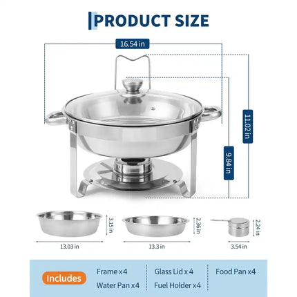 4 Pack / 2 Pack 5 QT Round Chafing Dish Buffet Set Stainless Steel Glass Lid