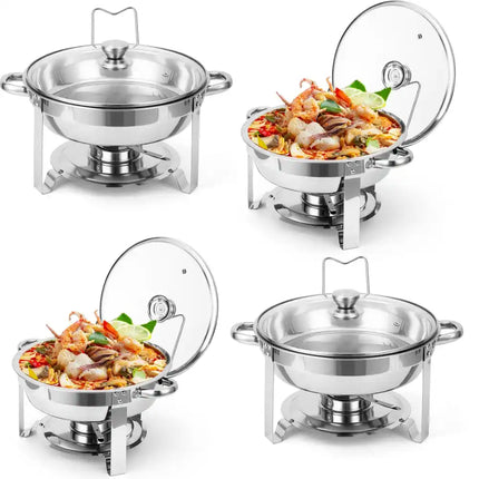 4 Pack / 2 Pack 5 QT Round Chafing Dish Buffet Set Stainless Steel Glass Lid