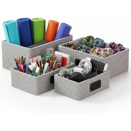 4-Piece Woven Storage Baskets – Paper Rope Organizer Set with Labels