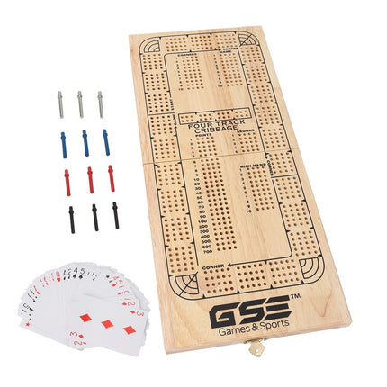 4-Track Wooden Folding Cribbage Board with Cards Pegs & Storage Area