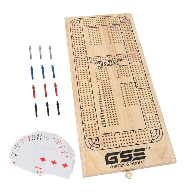 4-Track Wooden Folding Cribbage Board with Cards Pegs & Storage Area