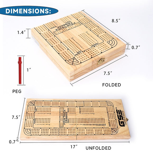 4-Track Wooden Folding Cribbage Board with Cards Pegs & Storage Area