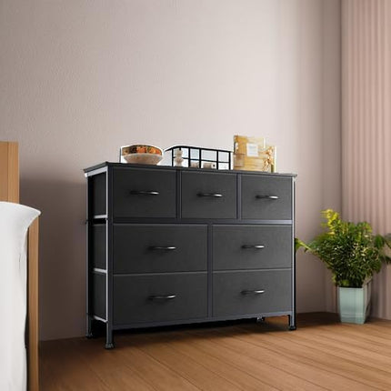 Black Dresser with 7 Fabric Drawers, Steel Frame and Wooden Top Storage Organizer