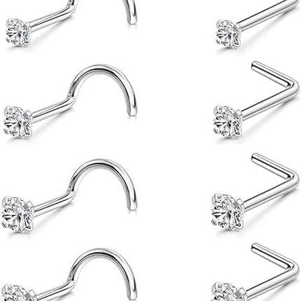 8PCS Nose Rings Studs 20G 18G Surgical Steel CZ Piercing Jewelry