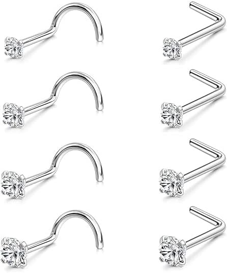 8PCS Nose Rings Studs 20G 18G Surgical Steel CZ Piercing Jewelry