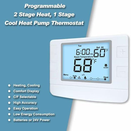 Programmable Thermostat for Home, 2 Heat/1 Cool with Large Backlit Display