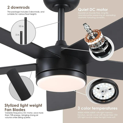 46" & 52" Indoor Ceiling Fan with Light Quiet Modern Fan Remote & App Control