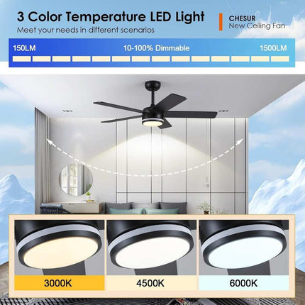 46" Indoor Ceiling Fan with Light, Quiet Modern Design, Remote & App Control, Black