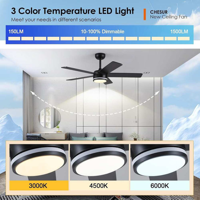 46" Indoor Ceiling Fan with Light, Quiet Modern Design, Remote & App Control, Black