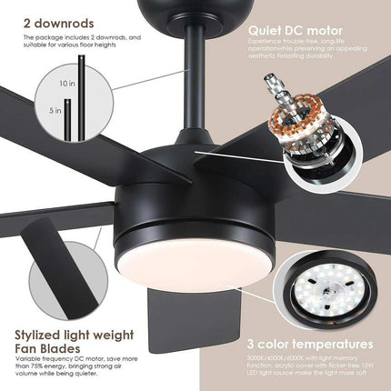 46" Indoor Ceiling Fan with Light, Quiet Modern Design, Remote & App Control, Black