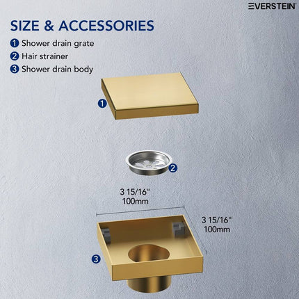 4"x4" Stainless Steel Square Shower Drain with Cover Bathroom Floor Waste