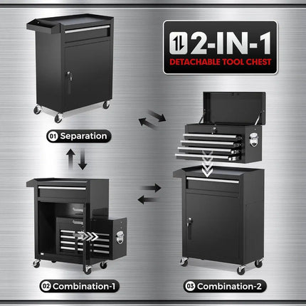 5 Drawer Rolling Tool Chest Storage Cabinet Detachable Tool Box Lockable