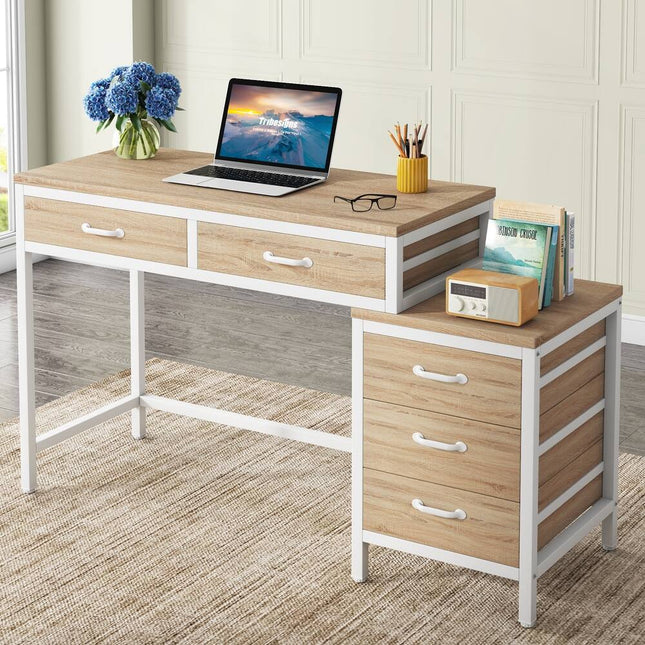 Home Office Computer Desk with 5 Drawers and Reversible Storage Filing Cabinet