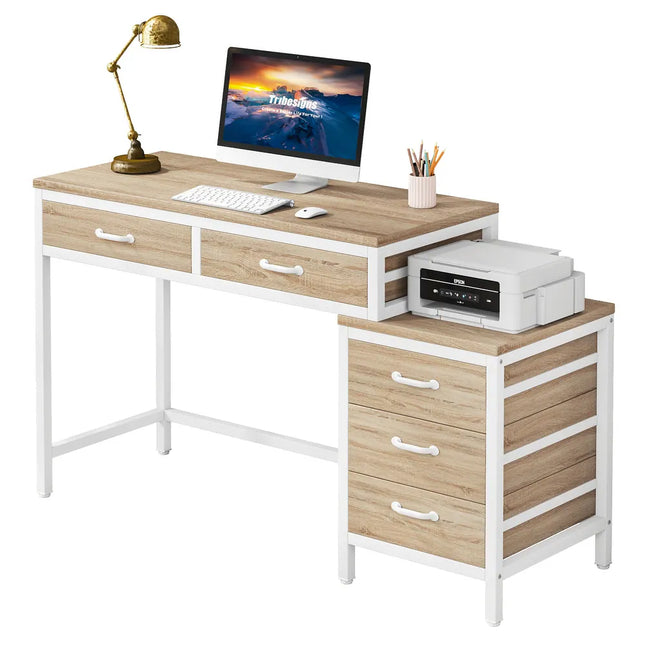 Home Office Computer Desk with 5 Drawers and Reversible Storage Filing Cabinet