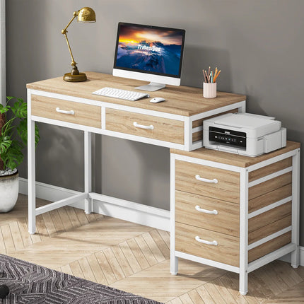 Home Office Computer Desk with 5 Drawers and Reversible Storage Filing Cabinet