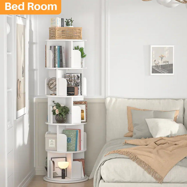 5-Tier Rotating Bookcase White Swivel Bookshelf Space-Saving Storage Organizer