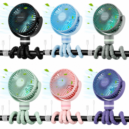 8000mAh Portable Stroller Fan USB Rechargeable 4 Speed Cooling Fan with LED Light, Black, Blue, Forest Green, Pink & Purple