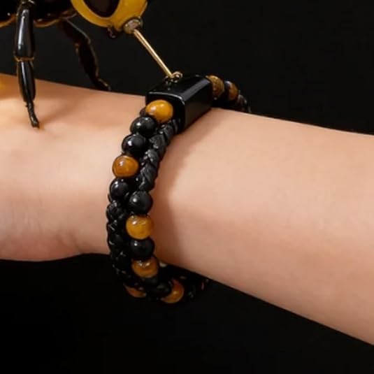 Tiger Eye Bracelet for Son, Black Leather Beaded Men's Jewelry Gift from Parents