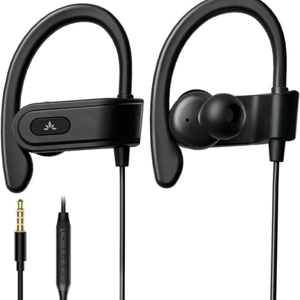 Wired Earbuds with Microphone In-Line Volume Control Ear Hook Black