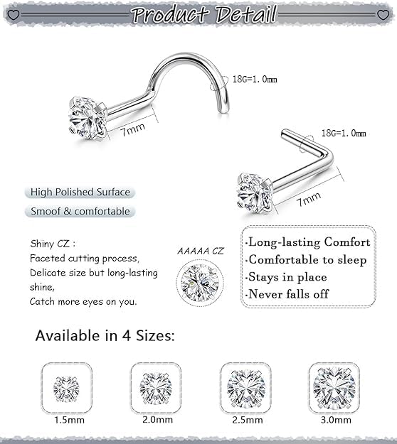 8PCS Nose Rings Studs 20G 18G Surgical Steel CZ Piercing Jewelry