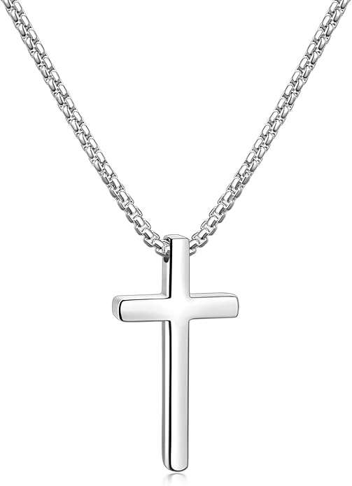 Cross Necklace for Men Stainless Steel Pendant 2.5mm Box Chain Silver Gold Black
