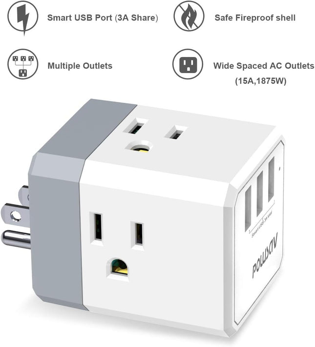 3-Outlet USB Wall Charger & 3-Way Splitter – ETL Listed for Home & Office