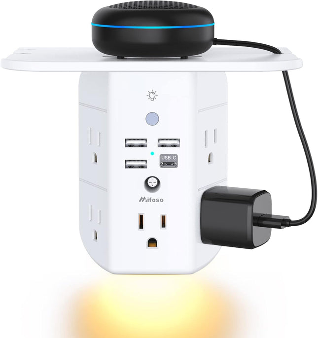 Wall Outlet Extender with Shelf, Night Light, Surge Protector, 5 AC & 3 USB Ports