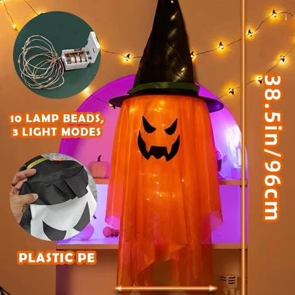 2-Pack 38in Hanging Lighted Ghosts with Witch Hats, LED Indoor Outdoor Halloween Decor