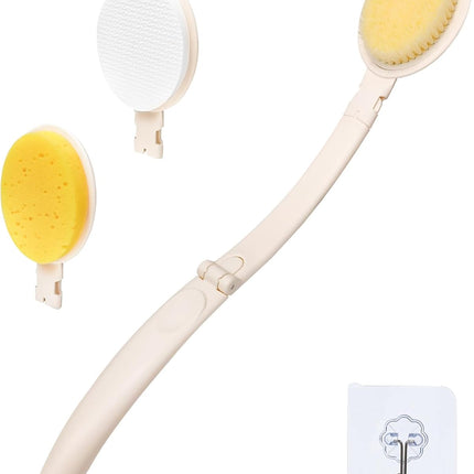 19" Long Handle 3-in-1 Shower Brush, Body Scrubber, Bath Sponge & Lotion Applicator