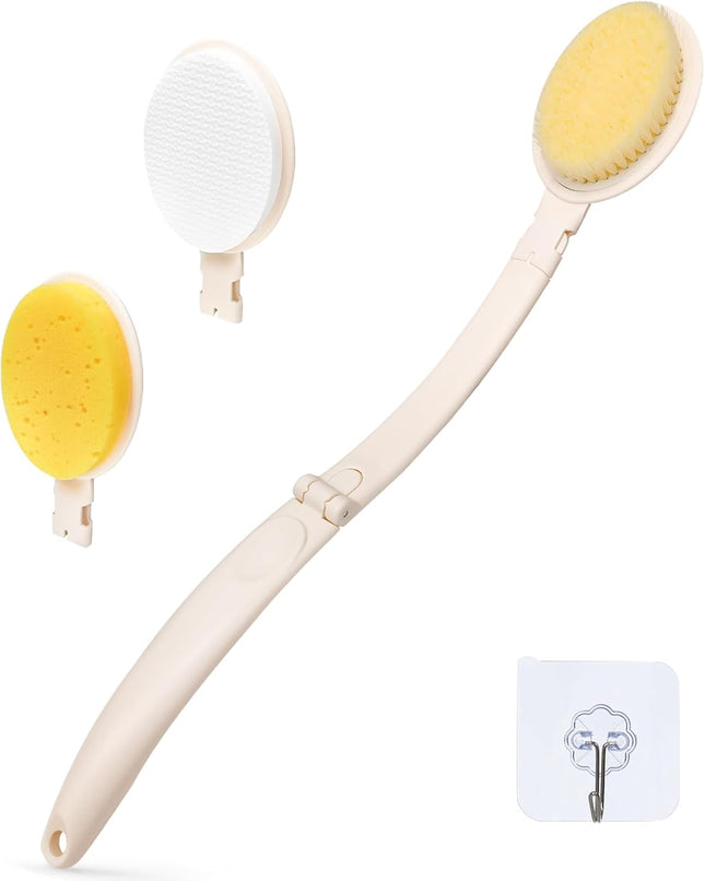 19" Long Handle 3-in-1 Shower Brush, Body Scrubber, Bath Sponge & Lotion Applicator