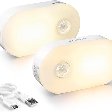 2 Pack Rechargeable Motion Sensor Night Lights USB-C Warm White LED
