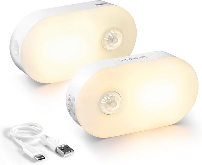 2 Pack Rechargeable Motion Sensor Night Lights USB-C Warm White LED