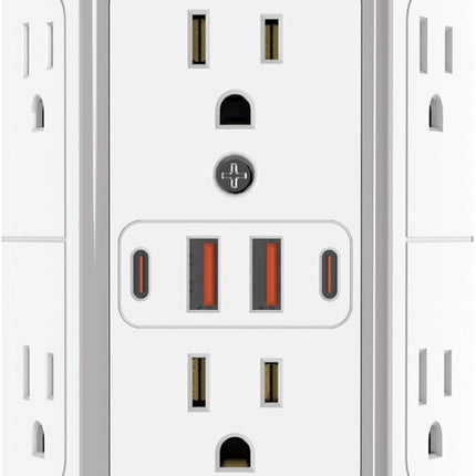 6-Outlet Surge Protector with 4 USB Ports (2 USB-C) – 3-Sided Wall Charger for Home & Travel