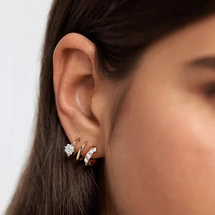 14K Gold Plated Illusion Stud & Triple Huggie Hoop Earrings for Women – Hypoallergenic