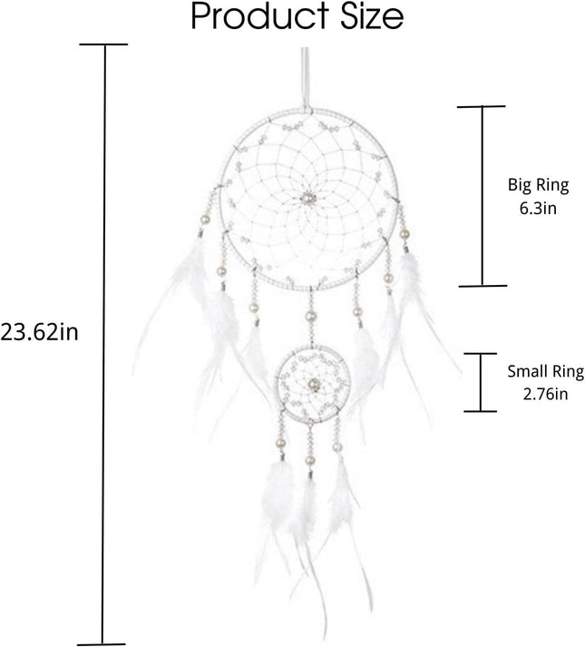 Pearl White Dream Catcher Wall Decor, Handmade Boho Hanging with Feathers and Beads