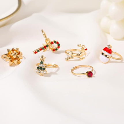 6PCS Christmas Statement Ring Set | Tree, Santa & Reindeer Holiday Jewelry