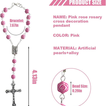2PCS Car Rosary Rearview Mirror Pendant, Pink Rose Cross Medal Hanging Decor