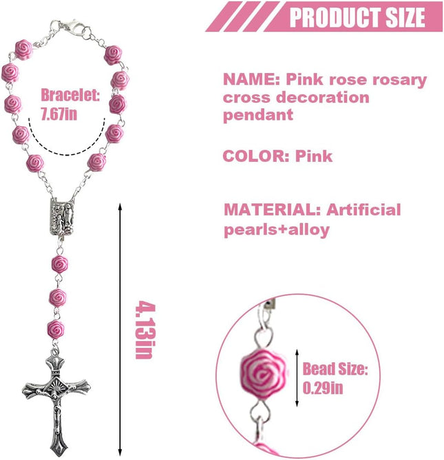 2PCS Car Rosary Rearview Mirror Pendant, Pink Rose Cross Medal Hanging Decor