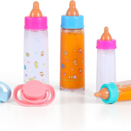 Baby Doll Bottle Accessories – 6 Pcs Feeding Bottles with Disappearing Milk & Juice