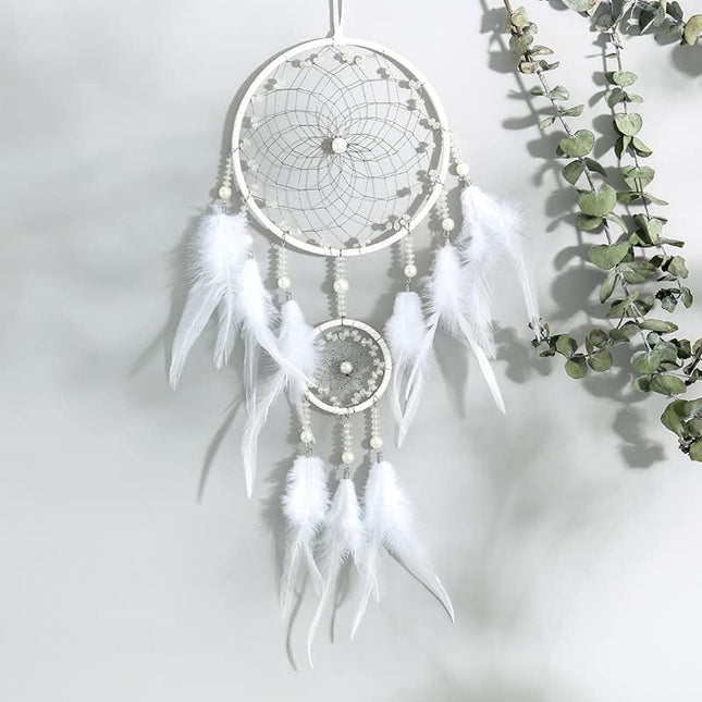 Pearl White Dream Catcher Wall Decor, Handmade Boho Hanging with Feathers and Beads
