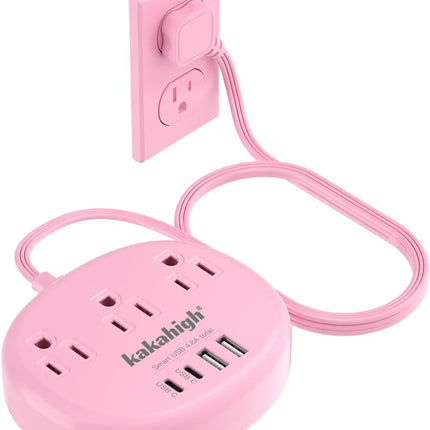 Pink Extension Cord with USB C, Kawaii Power Strip with 3 Outlets & 4 USB