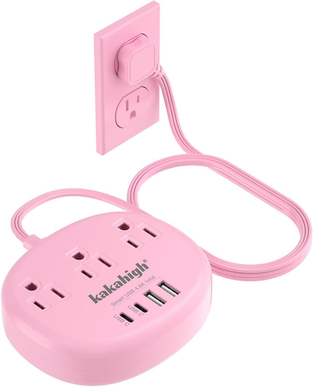 Pink Extension Cord with USB C, Kawaii Power Strip with 3 Outlets & 4 USB